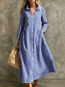 SHEIN Gaun Liburan Wanita Motif Kotak-kotak Minimalis dengan Kancing Lengan Panjang - MultiWarna - View 3