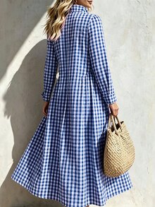 SHEIN Gaun Liburan Wanita Motif Kotak-kotak Minimalis dengan Kancing Lengan Panjang - MultiWarna - View 2