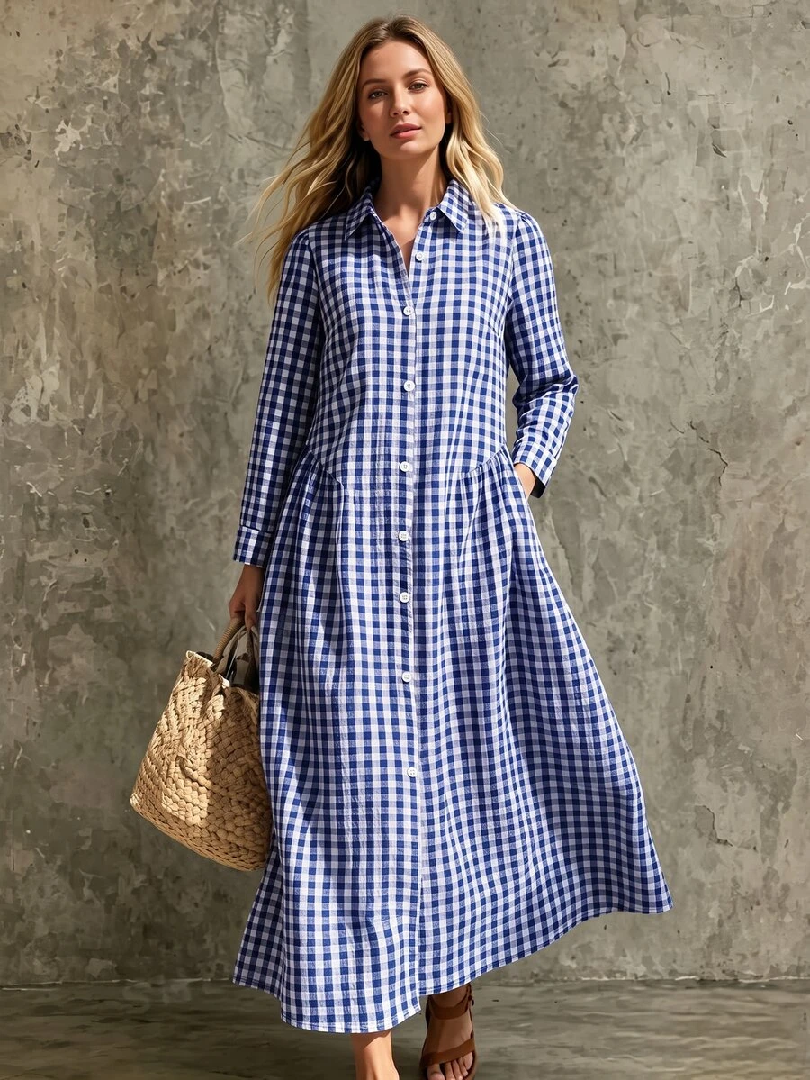 SHEIN Gaun Liburan Wanita Motif Kotak-kotak Minimalis dengan Kancing Lengan Panjang - MultiWarna - View 1