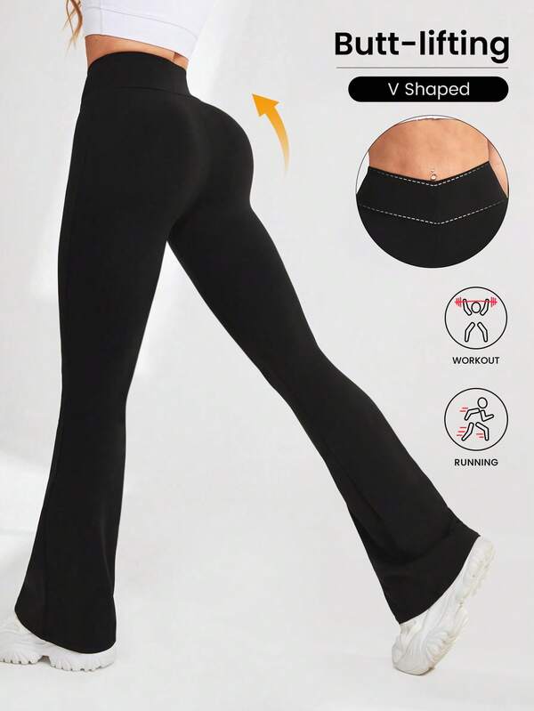 Gameset SHEIN Sport Damen V-förmige Yoga Leggings mit Schlaghose für Damen, hochgeschnittene Bootcut Yogahose mit weitem Bein, dehnbare Arbeitshose für Workout, Athletik, Laufen, Radfahren, Yoga, Pickleball, Training, Lässig