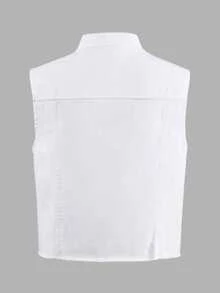FeverCity Asymmetric Slanted Placket High Neck Design Short Sleeveless Jacket Top - White - View 6