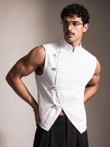 FeverCity Asymmetric Slanted Placket High Neck Design Short Sleeveless Jacket Top - White - View 1