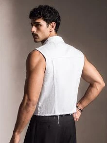 FeverCity Asymmetric Slanted Placket High Neck Design Short Sleeveless Jacket Top - White - View 3