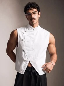 FeverCity Asymmetric Slanted Placket High Neck Design Short Sleeveless Jacket Top - White - View 2