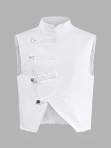 FeverCity Asymmetric Slanted Placket High Neck Design Short Sleeveless Jacket Top - White - View 7
