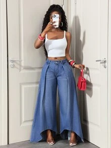 SHEIN Tall Mid-Waist Denim Skinny Pocket Button Flare Jeans - Blue - View 4