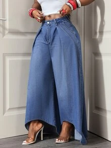 SHEIN Tall Mid-Waist Denim Skinny Pocket Button Flare Jeans - Blue - View 1