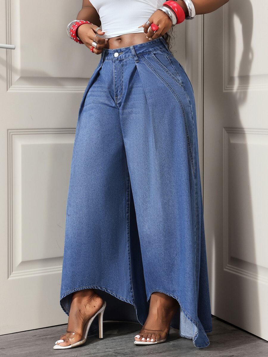 SHEIN Tall Mid-Waist Denim Skinny Pocket Button Flare Jeans - Blue - View 1