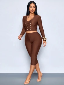 SOLERSUN Setelan Dua Potong Wanita Cokelat Tua Model Crop Top Leher V Kancing Logam dan Celana Capri Pinggang Rendah, Lengan Panjang Bodycon, Gaya Y2K Seksi untuk Pergi Keluar, Klub Malam, Musim Gugur - Coffee Brown - View 10