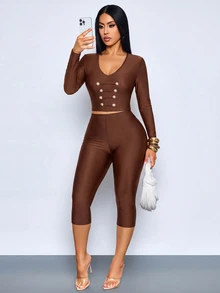 SOLERSUN Setelan Dua Potong Wanita Cokelat Tua Model Crop Top Leher V Kancing Logam dan Celana Capri Pinggang Rendah, Lengan Panjang Bodycon, Gaya Y2K Seksi untuk Pergi Keluar, Klub Malam, Musim Gugur - Coffee Brown - View 6