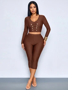 SOLERSUN Setelan Dua Potong Wanita Cokelat Tua Model Crop Top Leher V Kancing Logam dan Celana Capri Pinggang Rendah, Lengan Panjang Bodycon, Gaya Y2K Seksi untuk Pergi Keluar, Klub Malam, Musim Gugur - Coffee Brown - View 11