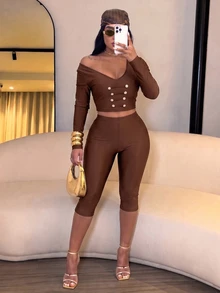 SOLERSUN Setelan Dua Potong Wanita Cokelat Tua Model Crop Top Leher V Kancing Logam dan Celana Capri Pinggang Rendah, Lengan Panjang Bodycon, Gaya Y2K Seksi untuk Pergi Keluar, Klub Malam, Musim Gugur - Coffee Brown - View 4