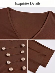 SOLERSUN Setelan Dua Potong Wanita Cokelat Tua Model Crop Top Leher V Kancing Logam dan Celana Capri Pinggang Rendah, Lengan Panjang Bodycon, Gaya Y2K Seksi untuk Pergi Keluar, Klub Malam, Musim Gugur - Coffee Brown - View 12