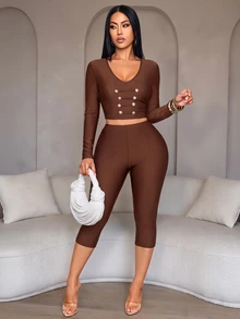 SOLERSUN Setelan Dua Potong Wanita Cokelat Tua Model Crop Top Leher V Kancing Logam dan Celana Capri Pinggang Rendah, Lengan Panjang Bodycon, Gaya Y2K Seksi untuk Pergi Keluar, Klub Malam, Musim Gugur - Coffee Brown - View 8