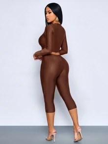 SOLERSUN Setelan Dua Potong Wanita Cokelat Tua Model Crop Top Leher V Kancing Logam dan Celana Capri Pinggang Rendah, Lengan Panjang Bodycon, Gaya Y2K Seksi untuk Pergi Keluar, Klub Malam, Musim Gugur - Coffee Brown - View 3