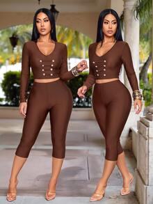 SOLERSUN Setelan Dua Potong Wanita Cokelat Tua Model Crop Top Leher V Kancing Logam dan Celana Capri Pinggang Rendah, Lengan Panjang Bodycon, Gaya Y2K Seksi untuk Pergi Keluar, Klub Malam, Musim Gugur - Coffee Brown - View 9