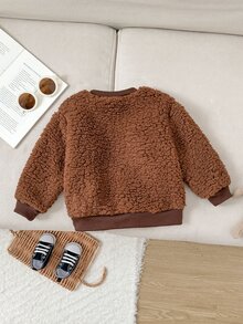 SHEIN Kids Baby Boy Casual Daily Comfortable Round Neck Pullover Long Sleeve Fleece Sweatshirt - Apricot - View 2