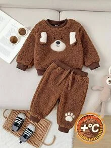 SHEIN Kids Baby Boy Casual Daily Comfortable Round Neck Pullover Long Sleeve Fleece Sweatshirt - Apricot - View 1