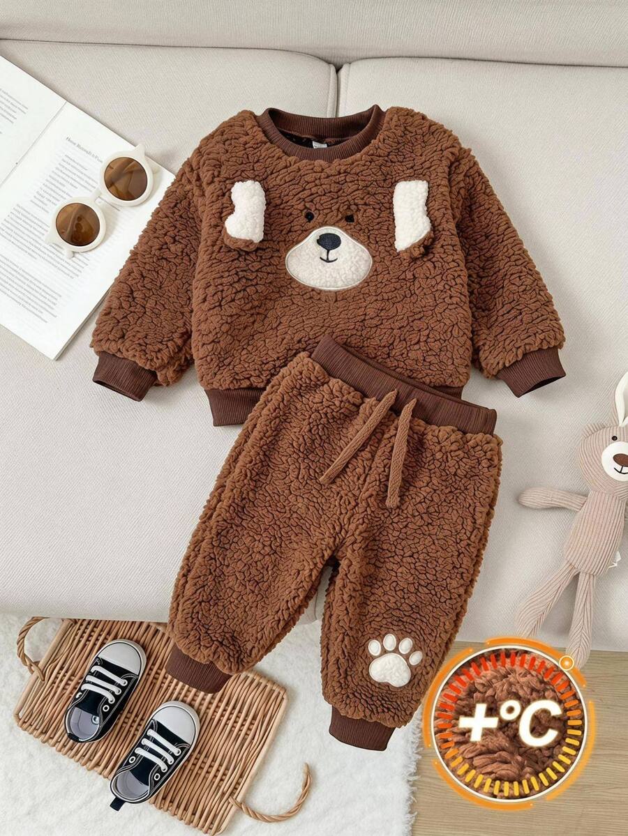 SHEIN Kids Baby Boy Casual Daily Comfortable Round Neck Pullover Long Sleeve Fleece Sweatshirt - Apricot - View 1