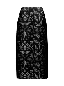 ROMWE Women Gothic Plant Floral Skull Moth Butterfly Mushroom All-Over Print High Slit Bodycon Pencil Midi Skirt - Black - View 2