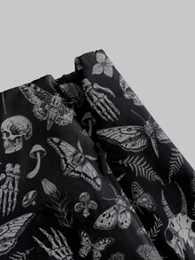 ROMWE Women Gothic Plant Floral Skull Moth Butterfly Mushroom All-Over Print High Slit Bodycon Pencil Midi Skirt - Black - View 3