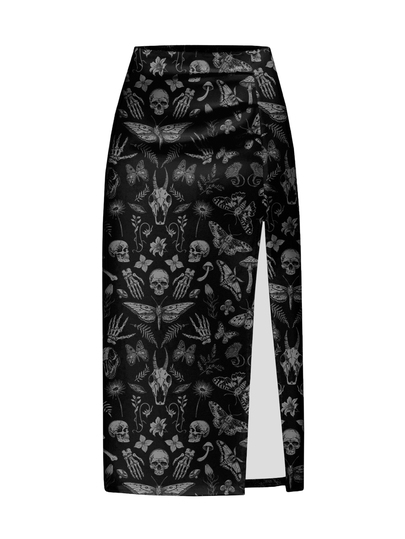 Women Gothic Plant Floral Skull Moth Butterfly Mushroom All-Over Print High Slit Bodycon Pencil Midi Skirt