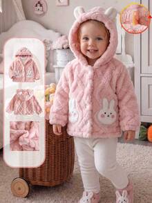 SHEIN Vintaside Kids 女嬰幼兒粉色 3D 兔耳朵毛絨夾克外套，長袖連帽加厚保暖，適合生日、冬季、萬聖節、聖誕節，舒適毛茸茸 - 粉色 - 查看 2