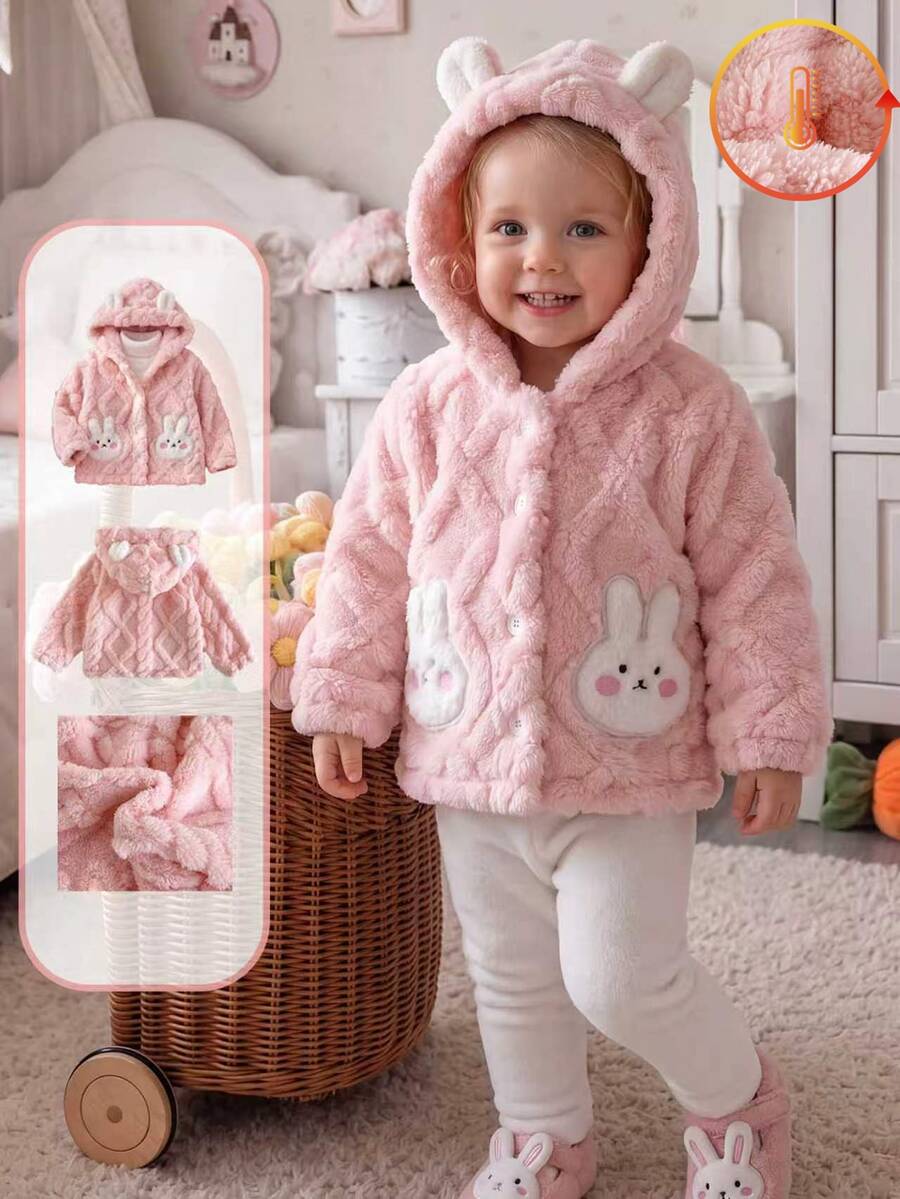 SHEIN Vintaside Kids 女嬰幼兒粉色 3D 兔耳朵毛絨夾克外套，長袖連帽加厚保暖，適合生日、冬季、萬聖節、聖誕節，舒適毛茸茸