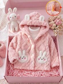 SHEIN Vintaside Kids 女嬰幼兒粉色 3D 兔耳朵毛絨夾克外套，長袖連帽加厚保暖，適合生日、冬季、萬聖節、聖誕節，舒適毛茸茸 - 粉色 - 查看 4