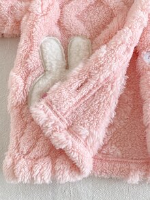 SHEIN Vintaside Kids 女嬰幼兒粉色 3D 兔耳朵毛絨夾克外套，長袖連帽加厚保暖，適合生日、冬季、萬聖節、聖誕節，舒適毛茸茸 - 粉色 - 查看 6
