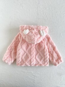 SHEIN Vintaside Kids 女嬰幼兒粉色 3D 兔耳朵毛絨夾克外套，長袖連帽加厚保暖，適合生日、冬季、萬聖節、聖誕節，舒適毛茸茸 - 粉色 - 查看 3