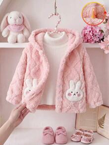 SHEIN Vintaside Kids 女嬰幼兒粉色 3D 兔耳朵毛絨夾克外套，長袖連帽加厚保暖，適合生日、冬季、萬聖節、聖誕節，舒適毛茸茸 - 粉色 - 查看 5