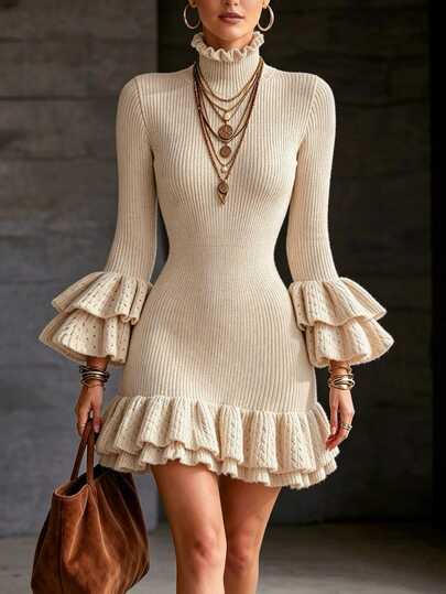 SHEIN Women's Elegant Fashion Petal Sleeve Ruffle Romantic French Style Knit Dress