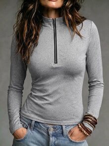 SHEIN Women's Light Grey Half-Open Collar Slim-Fit Long-Sleeve Knitted Sweater, Fashionable And Casual Everyday Autumn - Grey - View 6