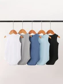 SHEIN Playful Pals 5件套新生男宝宝可爱暖色调连体衣，适合外出、度假、节日、春夏穿着 - 彩色 - 查看 2