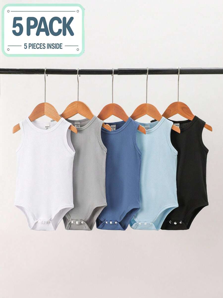 SHEIN Playful Pals 5pcs/Set Newborn Baby Boys' Cute Warm-Tone Bodysuits, Suitable For Outings, Vacations, Holidays, Spring/Summer - Multicolor - View 1