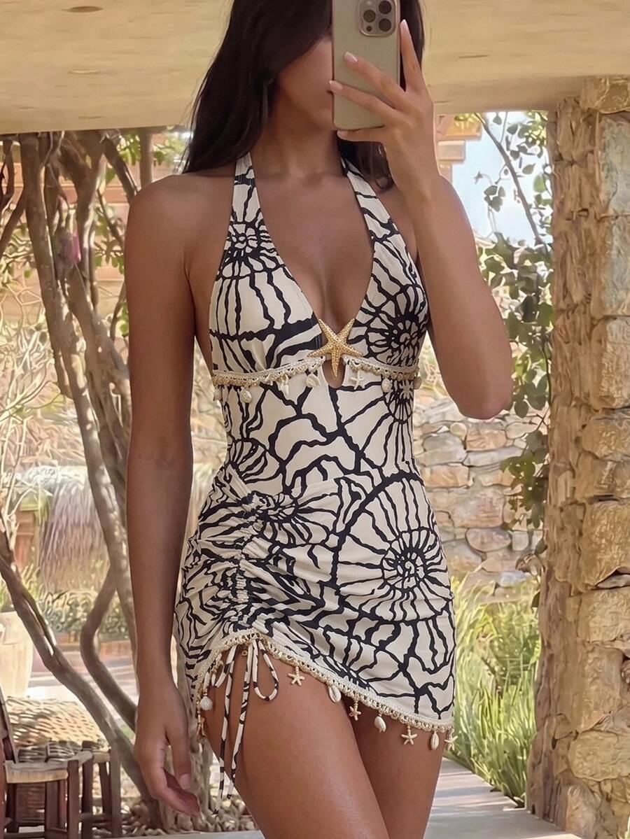 Swim Oasis 26SS Spring/Summer Vacation Beach High-End Elegant Starfish & Shell White Matching Skirt One-Piece Swimsuit 2 Pieces Set - Multicolor - View 1