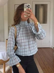 Serisse Women's Plaid Stand Collar Raglan Long Sleeve Casual Shirt - Blue - View 1