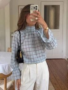 Serisse Women's Plaid Stand Collar Raglan Long Sleeve Casual Shirt - Blue - View 5