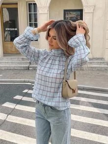 Serisse Women's Plaid Stand Collar Raglan Long Sleeve Casual Shirt - Blue - View 3
