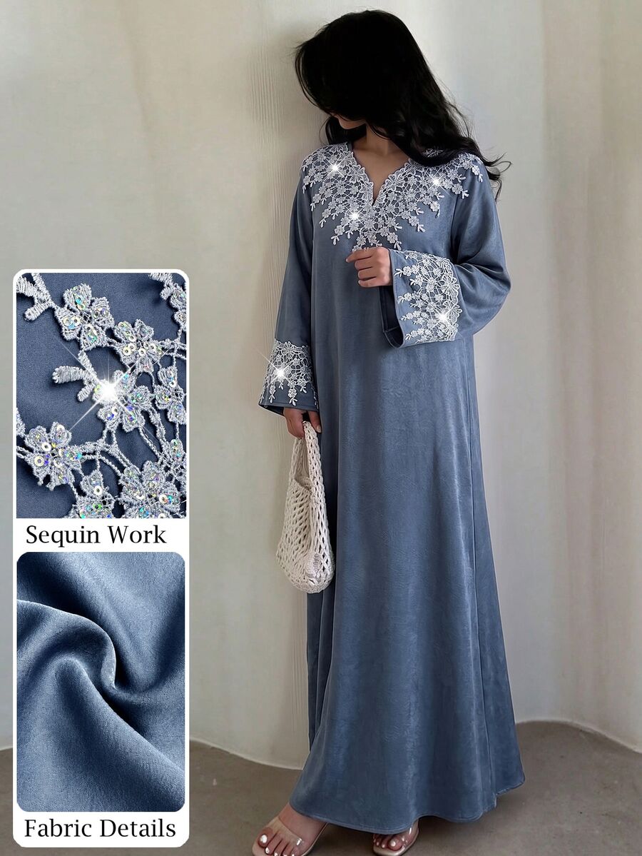 Al Najma Fashionable Applique Small V-Neck Loose Elegant Dress - Gray Blue - View 1