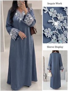 Al Najma Fashionable Applique Small V-Neck Loose Elegant Dress - Gray Blue - View 11