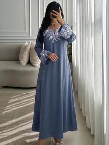 Al Najma Fashionable Applique Small V-Neck Loose Elegant Dress - Gray Blue - View 5