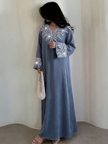 Al Najma Fashionable Applique Small V-Neck Loose Elegant Dress - Gray Blue - View 4