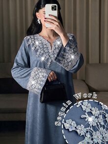 Al Najma Fashionable Applique Small V-Neck Loose Elegant Dress - Gray Blue - View 3