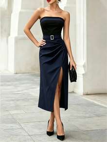 Vestido casual de mujer con bloques de color sin tirantes, ajuste ceñido a la cintura, dobladillo plisado, vestido con abertura sexy, vestido - Azul - Ver 4
