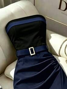 Vestido casual de mujer con bloques de color sin tirantes, ajuste ceñido a la cintura, dobladillo plisado, vestido con abertura sexy, vestido - Azul - Ver 5