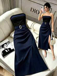 Vestido casual de mujer con bloques de color sin tirantes, ajuste ceñido a la cintura, dobladillo plisado, vestido con abertura sexy, vestido - Azul - Ver 3