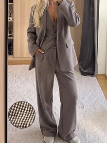 SHEIN EZwear 秋季商務休閒優雅女款棕色與白色格紋編織西裝外套、單排扣背心與長褲套裝 辦公商務 - 摩卡棕 - 查看 1
