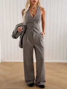 SHEIN EZwear 秋季商務休閒優雅女款棕色與白色格紋編織西裝外套、單排扣背心與長褲套裝 辦公商務 - 摩卡棕 - 查看 3